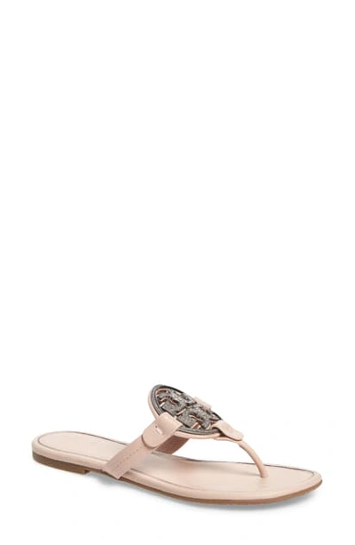 Tory Burch Miller Flat Crystal Logo Slide Sandals In Sea Shell Pink