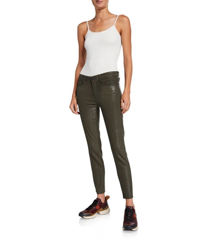 Paige Verdugo Coated Mid-rise Ankle Skinny Jeans W/ Raw Hem In Chive Luxe Coating