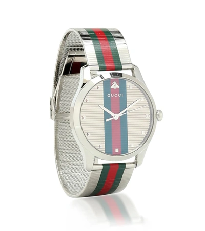 Gucci G-timeless Bee Stripe Mesh Band Watch, 42mm In Silver