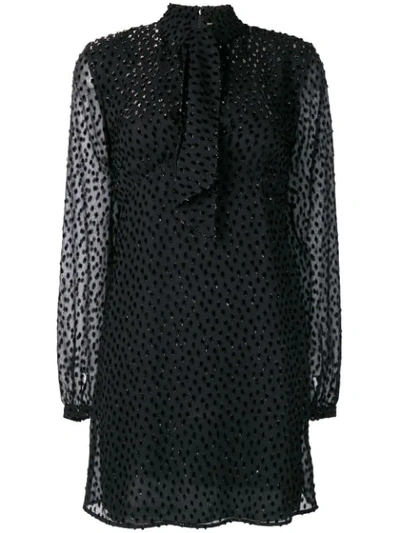 Saint Laurent Metallic Star Long Sleeve Tie Neck Silk Minidress In Black