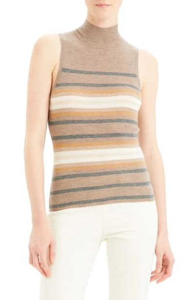 Theory Regal Stripe Ribbed Sleeveless Cashmere Sweater In Dark Heather Beige Multi