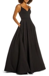 Mac Duggal V-neck Crepe Ballgown In Black