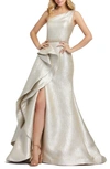 Mac Duggal Metallic One-shoulder Asymmetric Vertical Ruffle Gown In Oyster