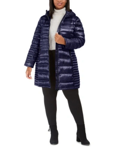 Calvin Klein Plus Size Hooded Packable Puffer Coat, Created For Macy's In Shine Dark Indigo