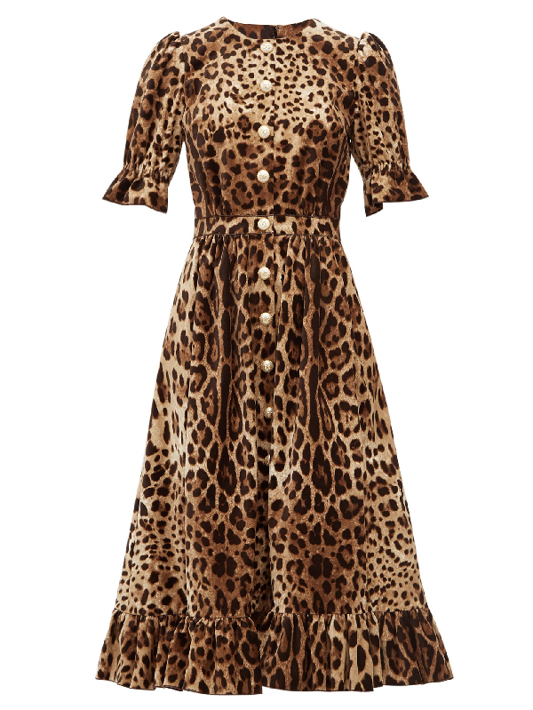 Dolce & Gabbana Ruffle-trim Leopard-print Velvet A-line Midi Dress ...