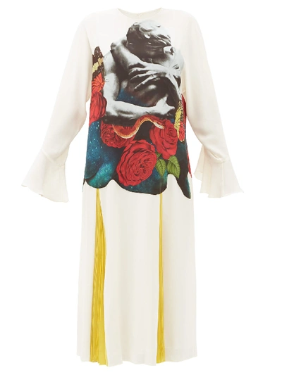 Valentino Lovers-print Georgette Bell-sleeve Dress In White Print