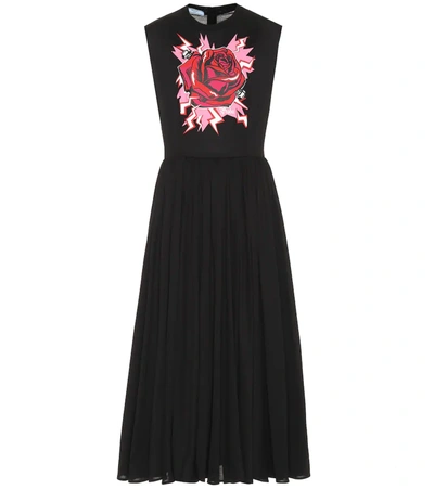 Prada Electric Rose-print Cotton Midi Dress In Black