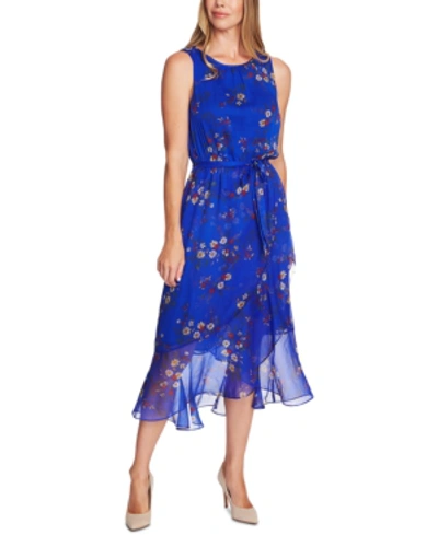 Vince Camuto Ruffle Belted Floral Print Midi Dress In Electric Blue