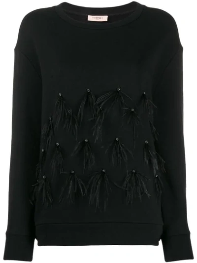 Twinset Feathered Sleeve Jumper In 00006 Nero
