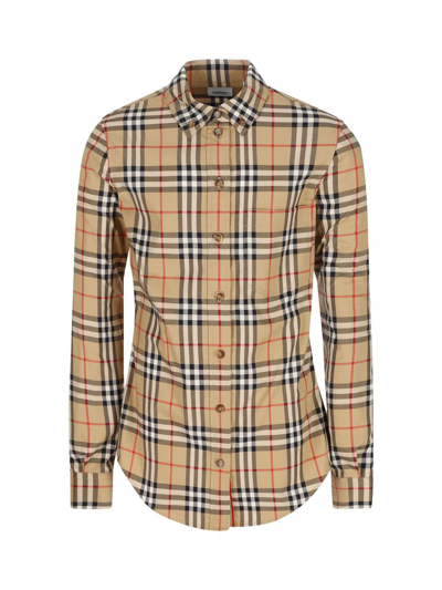 Burberry Vintage Check Stretch Cotton Oversized Shirt In Brown