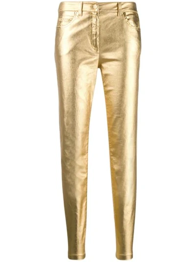 Moschino Metallic Slim-fit Trousers In Gold