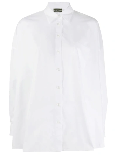 Emporio Armani Ruched Back Stretch Cotton Poplin Long Sleeve Blouse In Optical White