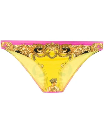 Versace Barocco Printed Bikini Bottoms In Yellow ,pink