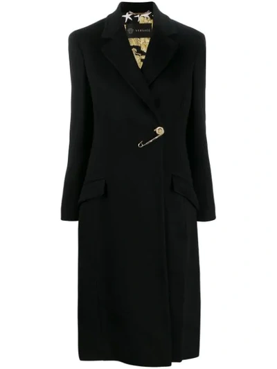 Versace Safety Pin Long Coat In Black