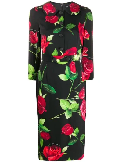 Dolce & Gabbana Rose-print Silk-blend Dress In Black
