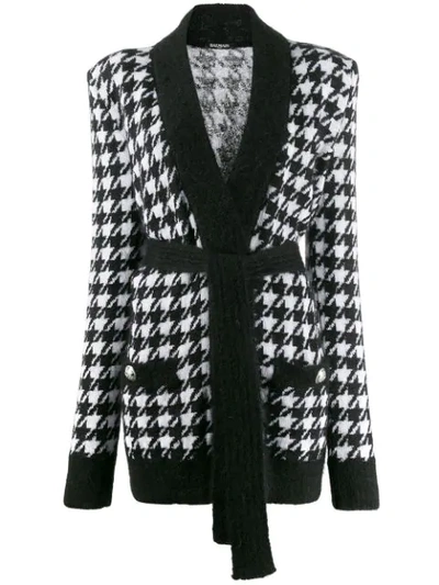 Balmain Belted Houndstooth Viscose Knit Cardigan In Black,white