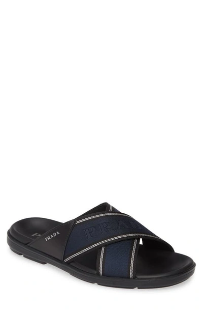 Prada Spazzolato Slide Sandal In Nero/ Oltremare