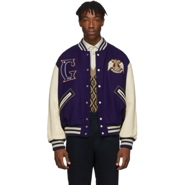 Gucci Blue & Off-white ' Band' Varsity Jacket In 5062 Blue | ModeSens