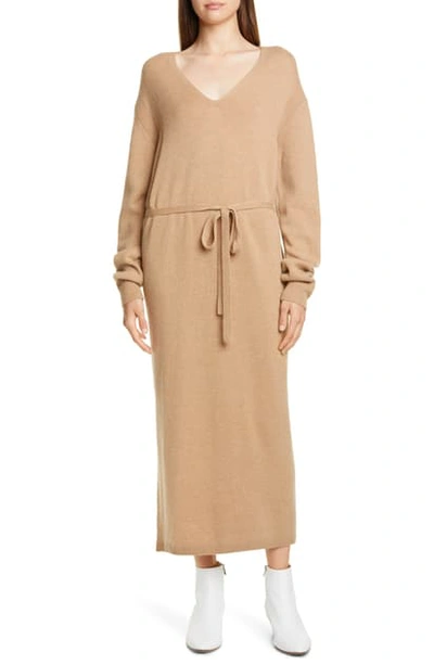 Vince V-neck Long Sleeve Wool & Cashmere Sweater Dress In Heather Desert Clay