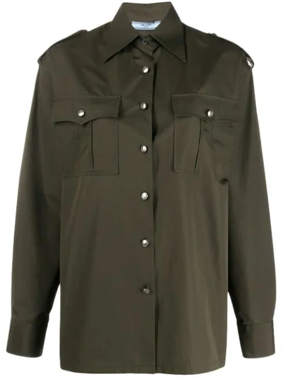 Prada Cotton Poplin Military Style Shirt In Dark Green