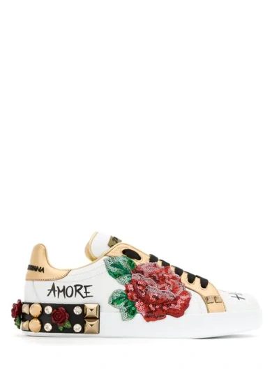 Dolce & Gabbana Portofino Rose Patch Sneakers In White