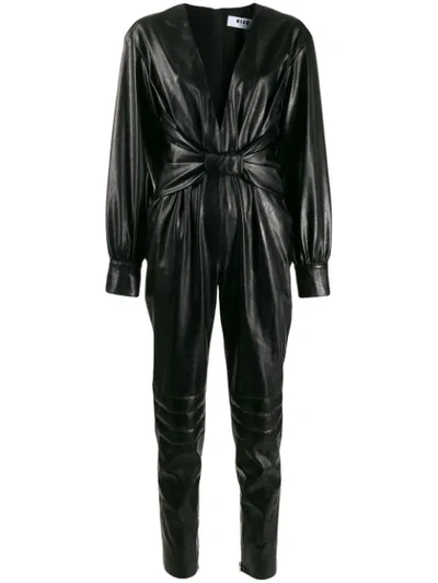 Msgm Faux Leather Jumpsuit W/bow In Black