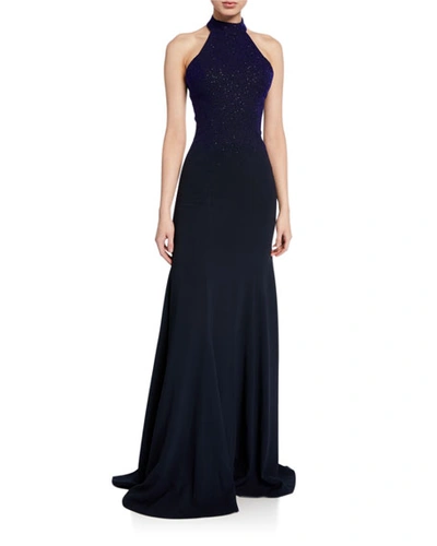 Ahluwalia Eva Ombre Shimmer Halter-neck Gown In Dark Blue