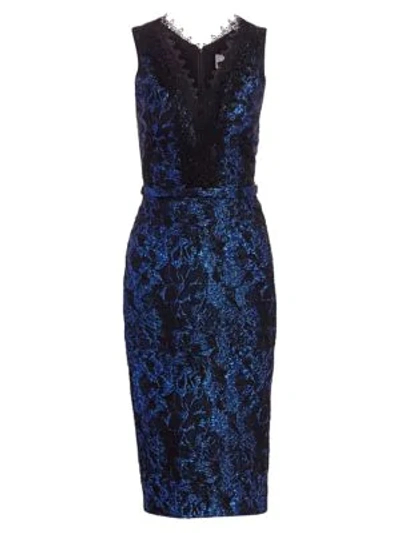 Theia Deep V-neck Illusion Lace-trim Sleeveless Dress In Cobalt Black