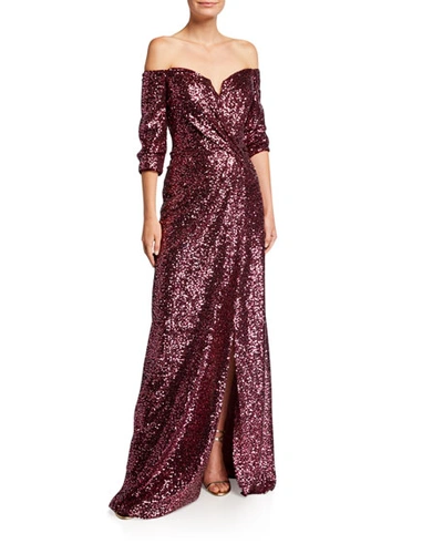 Rene Ruiz Sequin Off-the-shoulder 1/2-sleeve Gown With Slit In Dark Red