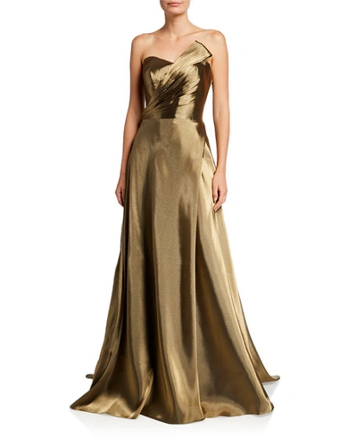 Rene Ruiz Strapless Metallic Bustier Gown In Gold