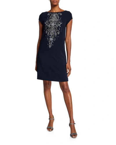 Theia Beaded Front Cap-sleeve Bateau-neck A-line Dress In Dark Blue