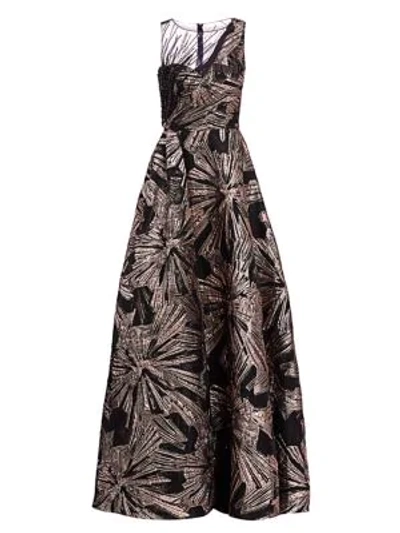 Theia Metallic Brocade Sleeveless Asymmetric Bodice Gown In Vintage Rose
