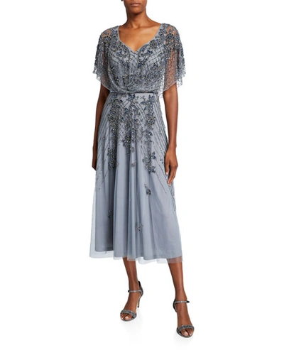 Theia Dolman-sleeve Handed Beaded Midi Cocktail Dress In Blue/gray