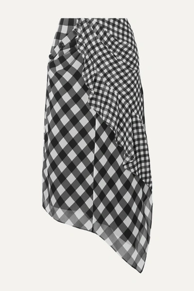 Self-portrait Asymmetric Draped Gingham Chiffon Midi Skirt In Black