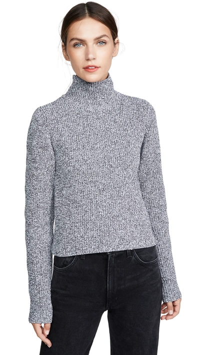Tibi Zip-through High-neck Ribbed Sweater In Black/white Multi