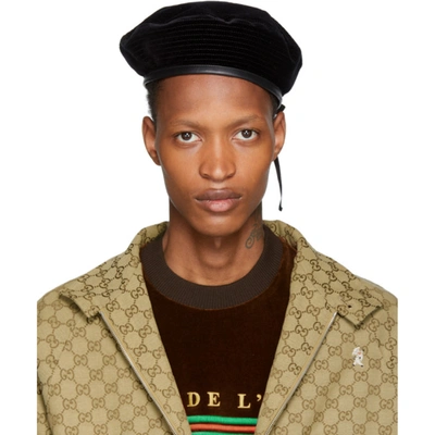 Gucci Leather-trimmed Spiral-stitch Suede Beret Hat In Black