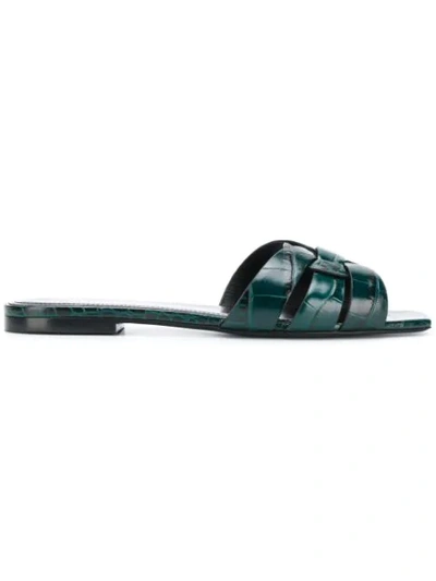 Saint Laurent Tribute Nu Pieds Crocodile-effect Leather Slides In Green