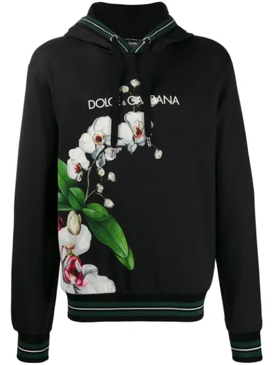 Dolce & Gabbana Orchid-print Logo Cotton Hooded Sweatshirt In Black