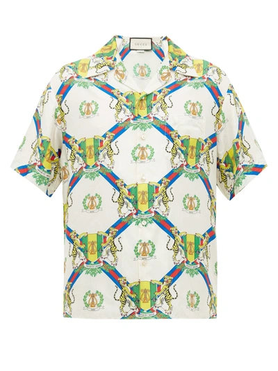 Gucci Crest-print Cuban-collar Silk Shirt In Multicolor