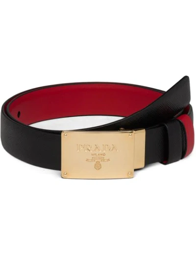 Prada City Reversible Saffiano Leather Belt In Nero/ Fucco