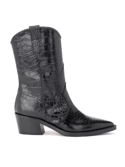 Via Roma 15 Texan  Black Ankle Boot In Crocodile Print Leather In Nero