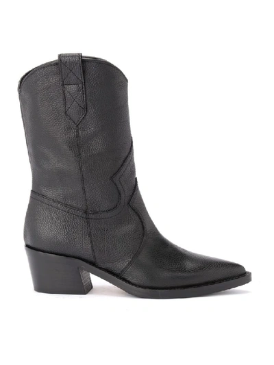 Via Roma 15 Texan  Ankle Boot In Black Grained Leather In Nero