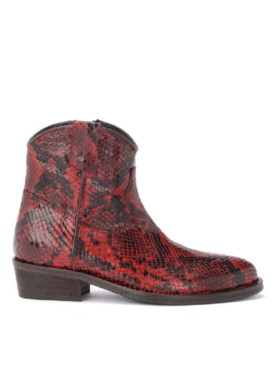 Via Roma 15 Texan Ankle Boot In Red Python Print Leather In Rosso