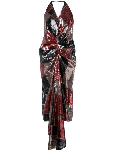 Halpern Draped Sequined Tulle Halterneck Midi Dress In Multicolour