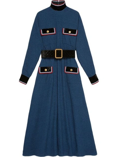 Gucci Cotton Dress With Velvet Details In 4482 Blue
