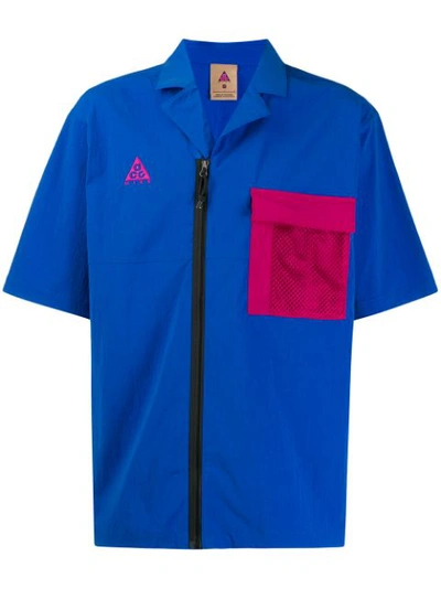 Nike Acg Nrg Camp-collar Mesh-trimmed Printed Shell Shirt In Game Royal/ Sport Fuchsia