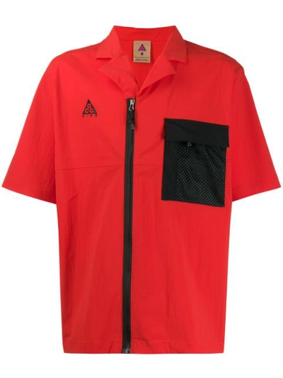 Nike Acg Short Sleeve Zip-up Stretch Nylon Shirt In Habanero Red/ Black