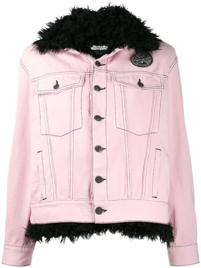 Pinko Faux Fur Detail Denim Jacket In Pink