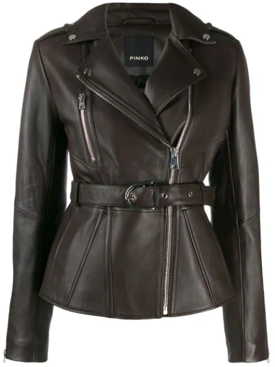 Pinko Belted Biker Jacket In Brown