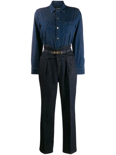 Pinko Belted Two-tone Denim Jumpsuit In Blue